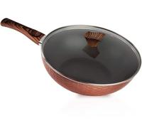 GGC Wok avec manche en bois et couvercle I 32 cm de diamètre Wok avec revêtement antiadhésif I Poêle pour plaques à induction et cuisinière à gaz I Poêle professionnelle en fonte d'aluminium I
