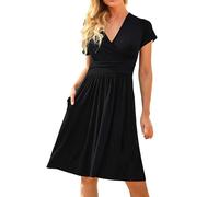 GGEWV Robe D'été Casual Couleur Unie for Les Femmes Manches Courtes avec Poche Col en V Jupe Mi Longue Au Genou(Black,XXL)