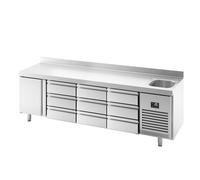 GGM Gastro | KTBI256T1S1313 | Comptoir réfrigéré Premium PLUS - 2452 x 600 mm - avec 1 lavabo, 1 porte, 9 tiroirs et support supérieur