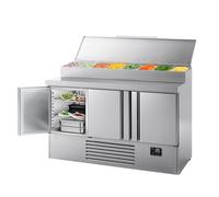 GGM Gastro | ZTI157M | Mini voorbereiding koeltafel - 1460x700mm - met 3 deuren - Roestvrijstalen opzetstuk 8x GN 1/4