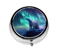GGNKDL Northern Lights Mini boîte à pilules ronde avec 3 compartiments pour le rangement des pilules et le voyage portable Motif ours polaire