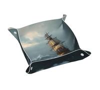 Ggnkdl Plateau de rangement en cuir imprimé « A Ship in The Storm » - Petit plateau en cuir PVC double face de qualité pour un rangement et une organisation pratiques