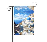 GGNKDL Santorini Drapeau de jardin avec vue sur la mer Motif île grecque Convient pour toutes les saisons 30,5 x 45,7 cm