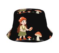GGNKDL The Little Girl Picking Champignons Imprimés Summer Outdoor Travel Bob Chapeau Chapeau de plage Convient pour les hommes et les femmes Noir