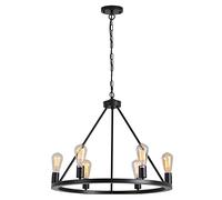 GGQEM Luminaires Suspendus, 6 lumières Lustre Industriel en Forme de Roue de Chariot de Ferme Lustre Rond Noir Rustique Éclairage de Plafond Lustre en métal Luminaire encastré pour cuisi