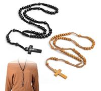 GGUFAY 2 Pièces Collier Chapelet Croix Catholique, Croix Catholique Jésus-Christ Saint Benoît Médaille pour Chrétiens Catholiques Communion Religieuse, Baptême, Messe, Bible（Noir, marron）