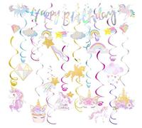 GGUFAY Decoration Anniversaire Licorne, Bannière Happy Birthday, Licorne Suspendus Tourbillons, Thème Licorne Décor de Serpentin Suspendu de Plafond pour Anniversaire, Mariage ou Carnaval