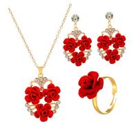 GGYTMQL 1 Set Rose Flower Jewelry Set Collier Vintage Boucles d'oreilles Ring pour les femmes présentes pour les mariages de la Saint-Valentin Anniversaires Design élégant