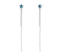 GGYTMQL 925 Les étoiles en Cristal Bleu en Argent Sterling sont enracinées, Boucles d'oreille, Boucles d'oreilles en Filet à Longue chaîne en Argent, Boucles d'oreilles Sombres délicates,