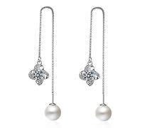 GGYTMQL 925 Sterling Silver Crystal Flower Flead Bround Earge, Boucles d'oreilles en Perles Rondes, Tirez à Travers des Boucles d'oreilles Pendantes, Cadeau de Bijoux pour Les Femmes