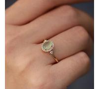 GGYTMQL Anneau de jade vert pâle pour femmes vintage ovale Gemstone 18k anneau or cube zirconia fiançailles de mariage en pierre simple jade halo anneau ajusté ouvert pour elle