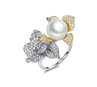 GGYTMQL Anneau S925 réglable pour les dames - Simulation 3D Rose Shape Zircon Glass Perles Bague ouverte élégante, Cadeaux pour femmes filles