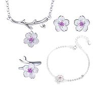 GGYTMQL Bijoux Ensembles de Cerisier Collier de Fleurs + Boucles d'oreilles + Anneau + Bracelet pour Femmes