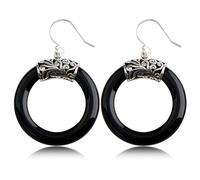 GGYTMQL Boucles d'oreilles pour Femmes, Boucle d'oreille rétro thaï Boucle d'oreille Simple Big Circle Black Agate Boucles d'oreilles Womenle Black