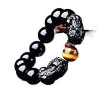 GGYTMQL Bracelet d'obsidien Noir, Double piyao Perles Rondes Bracelet Natural Black Obsidian's Eye Bracelet Adjustable Ward Advable Off Evil Spirits for Women Men, 16 mm