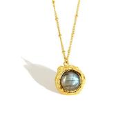 GGYTMQL Collier 925 Pendentif en Argent Sterling Rond Prendant Transparent Collier de Longue chaîne Dames exquise fête des Bijoux Pendentif Bijoux Jewelry (Couleur gem: Gold Labradorite)