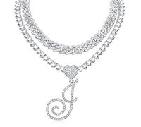 GGYTMQL Collier de Pendentif Initial cursif pour Femmes Miami Cuban Link Chain de Coeur en Couches Diamant Iced Chain Pendant Collier Hip Hop Jewelry Gift 2pcs Chaînes