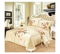 GGYTMQL Couvre-lit de lit Pur Ensemble de literie en Soie Pure 4pcs Impression Florale avec Feuille de Couette 2 taies d'oreiller (Un Roi de 4pcs) (B Queen