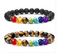 GGYTMQL Hommes Bracelet en pierre de lave noire Bracelet 7 chakras pierre de gemme avec corde tressée à la main Unisexe 8 mm