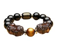 GGYTMQL Natural Black Obsidian Pixiu/Piyao Six Mots Bracelet Gemstone Energy Tiger Eye per Perle A réglable Bracelet Protection, 3 14 mm