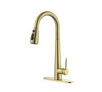 GGYTMQL Robinets de cuisine en or avec pulvérisateur Pull Down, robinet d'évier de cuisine avec pulvérisateur de traction, résistant aux empreintes digitales, support de terrasse à un trou,