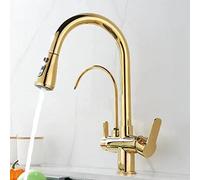 GGYTMQL Taps de cuisine à 3 voies avec pulvérisation de traction, robinet de cuisine pivotant en laiton d'eau potable robinet 3 en 1 évier de cuisine tapi-or (antique)
