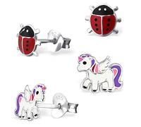 GH* Lot de 2 paires de boucles d’oreilles petites coccinelles + licorne ailée en émail et en argent sterling 925, boucles d’oreilles pour petites filles et enfants