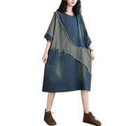 GHAKKE 2025 Mode Robe en Jean Surdimensionnée À Patchwork pour Femmes Col Rond Manches Courtes Ample Décontractée Mi Longue Streetwear(XX-Large)