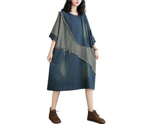 GHAKKE 2025 Mode Robe en Jean Surdimensionnée À Patchwork pour Femmes Col Rond Manches Courtes Ample Décontractée Mi Longue Streetwear(XX-Large)