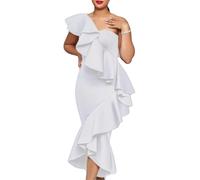 GHAKKE 2025 Robe De Soirée Asymétrique Épaule Dénudée Manches Cape Sexy Élégante Garniture À Volants Moulante Maxi Sirène Robe De Cocktail(White,XL)
