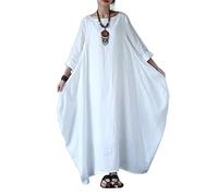 GHAKKE Caftan Décontracté en Coton Et Lin pour Femmes Couleur Unie Col Rond Manches 3/4 Ample Fluide Maxi Robe De Vacances(White,L)