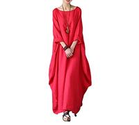 GHAKKE Caftan Décontracté en Coton Et Lin pour Femmes Couleur Unie Col Rond Manches 3/4 Ample Fluide Maxi Robe De Vacances(Rouge,XL)