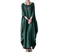 GHAKKE Caftan Décontracté en Coton Et Lin pour Femmes Couleur Unie Col Rond Manches 3/4 Ample Fluide Maxi Robe De Vacances(Green,M)