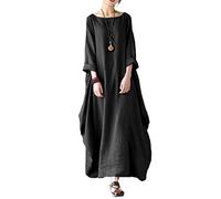 GHAKKE Caftan Décontracté en Coton Et Lin pour Femmes Couleur Unie Col Rond Manches 3/4 Ample Fluide Maxi Robe De Vacances