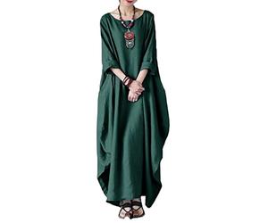GHAKKE Caftan Décontracté en Coton Et Lin pour Femmes Couleur Unie Col Rond Manches 3/4 Ample Fluide Maxi Robe De Vacances(Green,3XL)