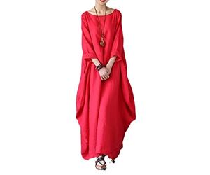 GHAKKE Caftan Décontracté en Coton Et Lin pour Femmes Couleur Unie Col Rond Manches 3/4 Ample Fluide Maxi Robe De Vacances(Rouge,M)