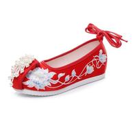 GHAKKE Chaussures Hanfu À La Mode pour Femmes avec Pompons De Perles Chaussures Plates De Style Traditionnel Chinois Brodées De Fleurs Chaussures De Mariage Rétro Chinoises(Rouge,38 EU)
