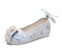 GHAKKE Chaussures Hanfu À La Mode pour Femmes avec Pompons De Perles Chaussures Plates De Style Traditionnel Chinois Brodées De Fleurs Chaussures De Mariage Rétro Chinoises(Blue,39 EU)