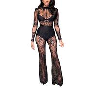 GHAKKE Combinaison Transparente en Dentelle Sexy pour Femmes Jumpsuit À Manches Longues Party Nightclub Pantalon Long Combishort en Maille Moulante Transparente (Color : Black, Size : M)