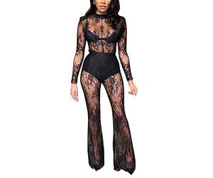 GHAKKE Combinaison Transparente en Dentelle Sexy pour Femmes Jumpsuit À Manches Longues Party Nightclub Pantalon Long Combishort en Maille Moulante Transparente (Color : Black, Size : S)