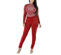 GHAKKE Combinaisons Sexy En Dentelle Rouge Pour Femmes Élégantes Col Rond Manches Longues Maille Transparente Barboteuse Moulante Pantalons Longs Jumpsuits (Color : Rouge, Size : M)