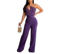 GHAKKE Combinaisons Sexy sans Manches À Une Épaule pour Femmes Jumpsuits Élégantes À Ceinture Perlée Pantalon Long Taille Haute À Jambes Larges Rompers (Color : Purple, Size : S)