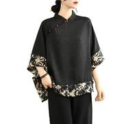 GHAKKE Haut Rétro Imprimé Patchwork Style Chinois Pour Femme Chemise Ample Décontractée À Col Montant Et Manches Chauve-souris Chemisier Hanfu Élégant(Black)