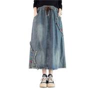 GHAKKE Jupe En Jean Brodée De Fleurs Style Ethnique Pour Femme Jupe Mi-longue Trapèze Tendance À Bords Bruts Jupes Amples Taille Haute Décontractées(XL)