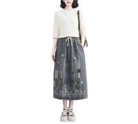 GHAKKE Jupe Midi En Jean Brodée Amusante Pour Femme Jupe Trapèze Ample Et Décontractée, Taille Haute Et Élastique, Avec Poches Latérales(XL)