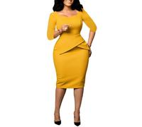 GHAKKE Robe Crayon Moulante Élégante À Basque Pour Femme Robe Mi-longue À Col Carré Et Manches 3/4 Pour L'église, Tenue De Bureau Modeste Pour Enseignante(Yellow,L)