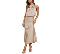 GHAKKE Robe De Soirée en Satin À Col Montant pour Femme Cocktail D'invité De Mariage Taille Haute Élastique Dress De Demoiselle d'honneur Élégante Et Formelle (Color : Apricot, Size : M)