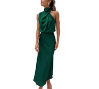 GHAKKE Robe De Soirée en Satin À Col Montant pour Femme Cocktail D'invité De Mariage Taille Haute Élastique Dress De Demoiselle d'honneur Élégante Et Formelle (Color : Dark Green, Size : L)