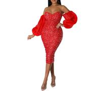 GHAKKE Robe Mi-Longue À Paillettes Scintillantes pour Femmes, Épaules Dénudées, Sexy, en Maille, Manches Longues, Moulante, Crayon, pour Fête, Cocktail(Rouge,M)