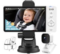 GHB Camera Voiture Bebe Babyphone Camera 5“ avec Ecran HD 720P Utilisation en Voiture & à Domicile Batterie Rechargeable Vision Nocturne Audio Bidirectionnel Capteur de Température Support à Ventouse